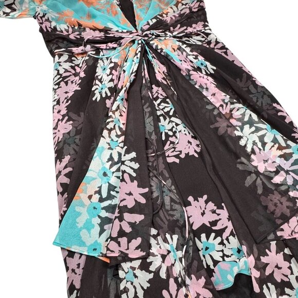 Diane von Furstenberg Floral Silk Dress Sz.6 Blue Brown Sort Sleeve Fairy Party - Picture 9 of 14